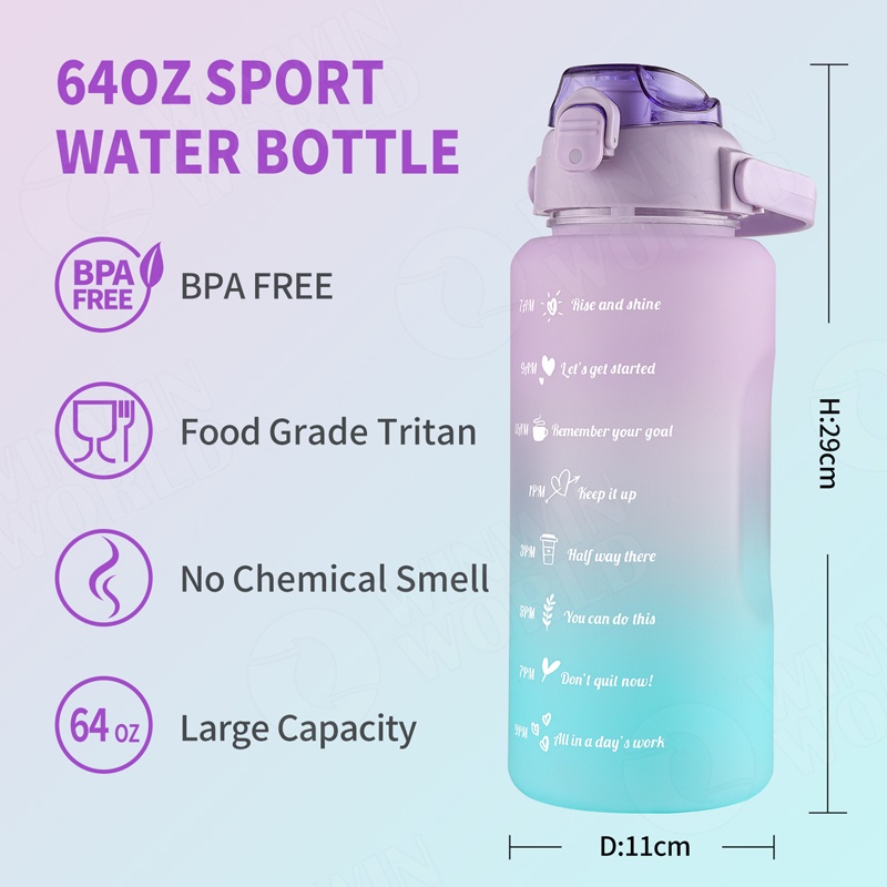 Botol Minum Viral 2 Liter Motivasi 2 Gradasi Warna / Bottle Jumbo 2L Penyimpanan Air Susu Teh Anti Tumpah / Wadah Penanda Waktu Minum Tritan 2000ml FOOD GRADE FREE STICKER dengan Tutup Pengunci / Tumbler Nagita Pelangi Untuk Sekolah Anak Dewasa