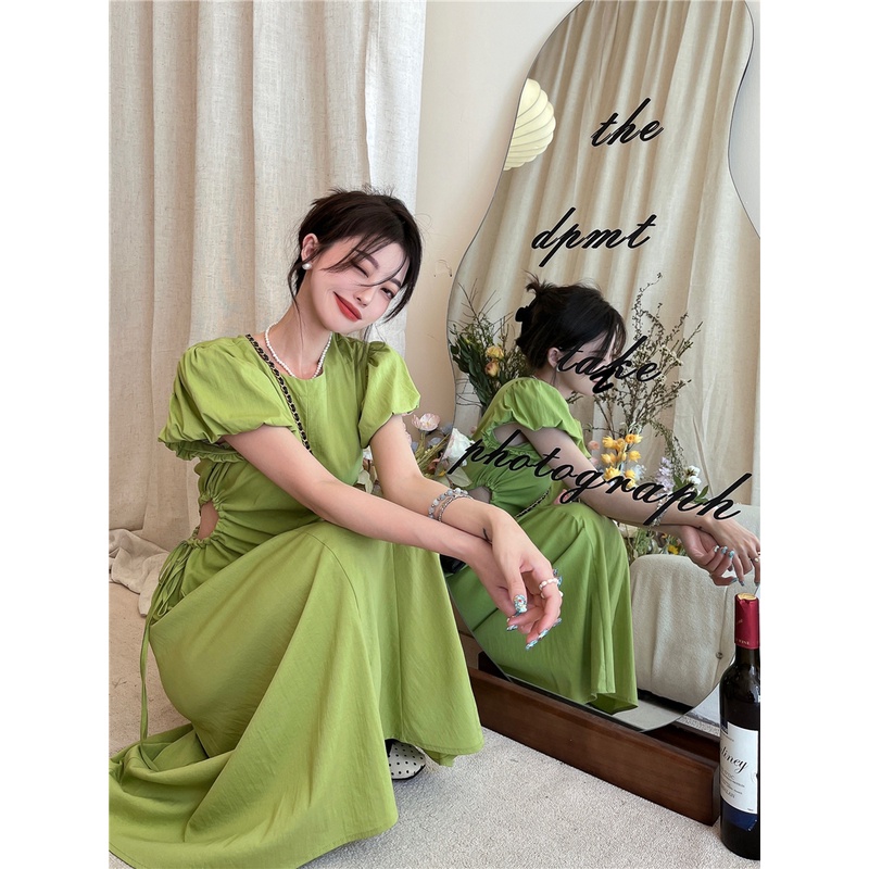 Mini Dress Hijau Lengan Pendek Gaun Wanita Musim Panas Gadis Panas Serut Hollow Puff Lengan A-line P