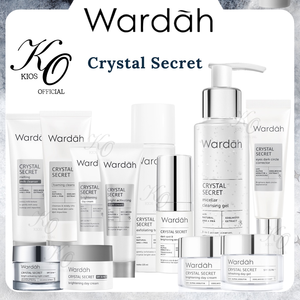 Wardah Crystal Secret Series | Brightening Day Cream | Active Night Gel | Dark Spot Brightening Serum | Exfoliating Toner | Melting Milky Cleanser | Pure Treatment Essence | Refreshing Day Gel