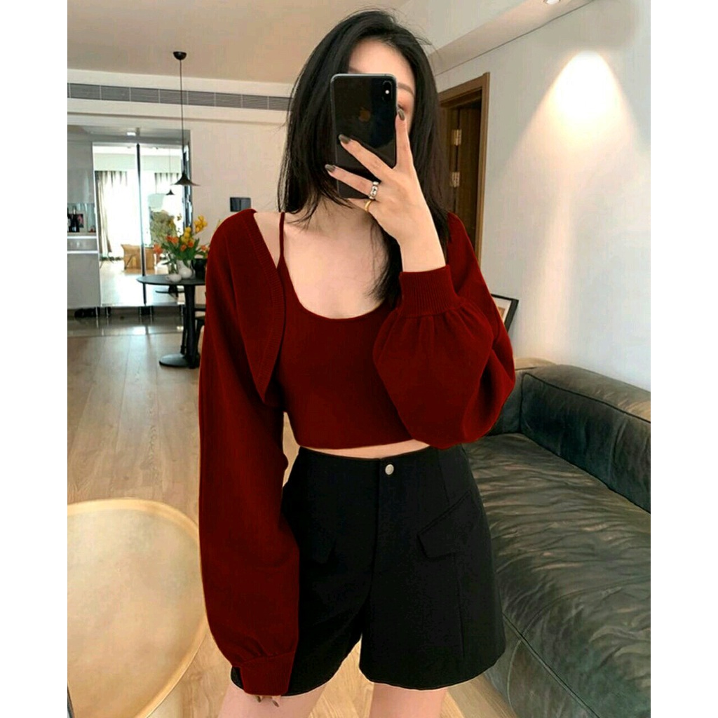 Cardi Lofila + Inner - Cardigan Lengan Gelembung Terbaru - Crop Cardi Wanita - Cardigan Rajut Perempuan