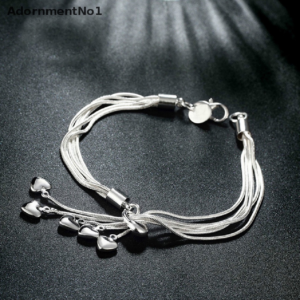 (AdornmentNo1) Gelang Tangan Rantai Lapis Silver Motif Hati Aksen Rumbai Untuk Perhiasan Wanita