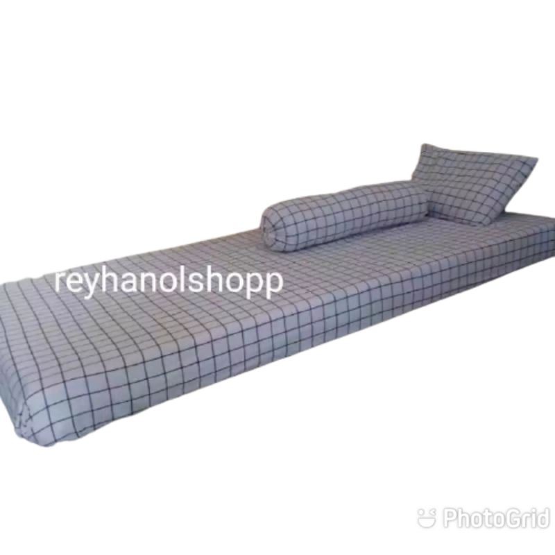 Sprei set sudut karet motif kotak dan polos single size: 90x200x15/120×200×15
