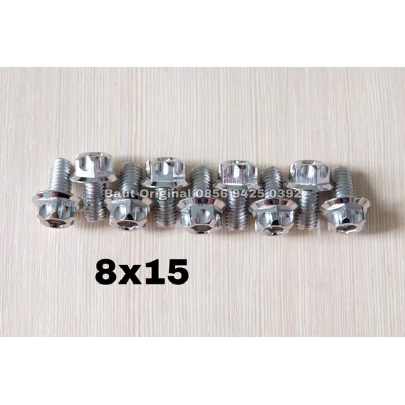 baut probolt 8x15 mm stainless new model drat 12 panjang 1.5 cm 12 silver gs1 gear 2 kunci belimbing heng