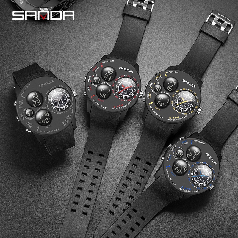 SANDA 6036 Jam Tangan Pria Digital Analog Tali Rubber Dual Time Anti Air WATCHKITE WKOS