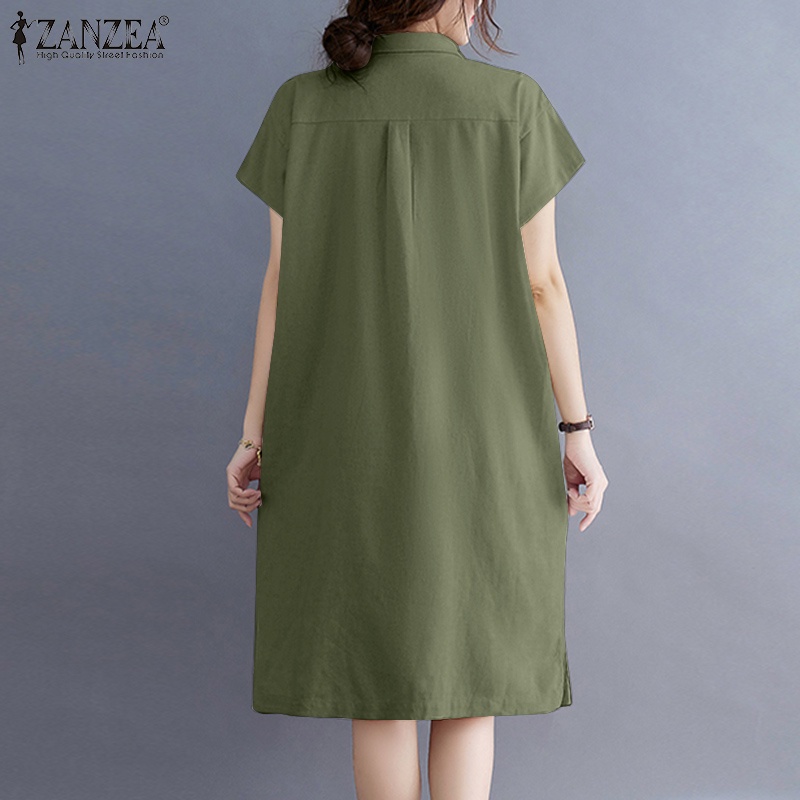 ZANZEA Women ront Pockets Short Sleeve Turn-Down-Collar Solid Color Midi Dress