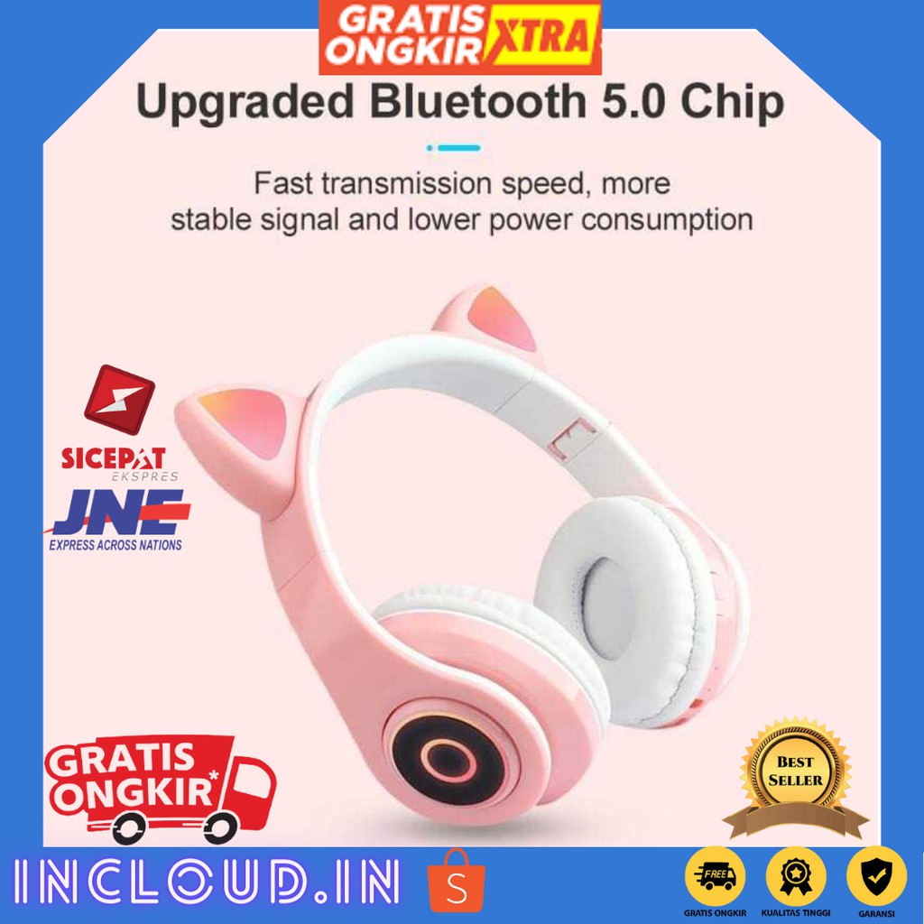 Headset Bluetooth Gaming Kucing Pink Headset Wireless Bluetooth Headphone Gaming Cewek