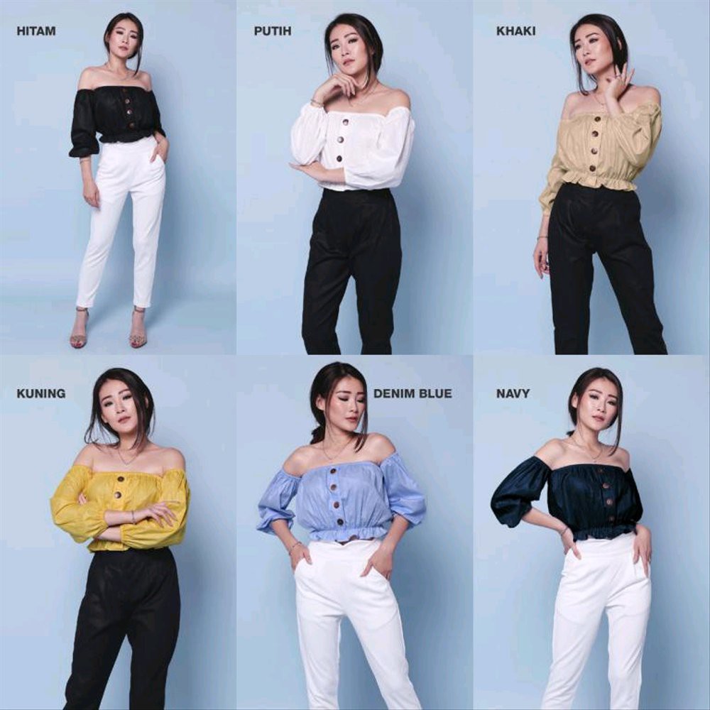 ANSELLO TOP FASHION BAJU OUTFIT PAKAIAN ATASAN BLOUSE SABRINA LENGAN KARET CEWEK WANITA MURAH