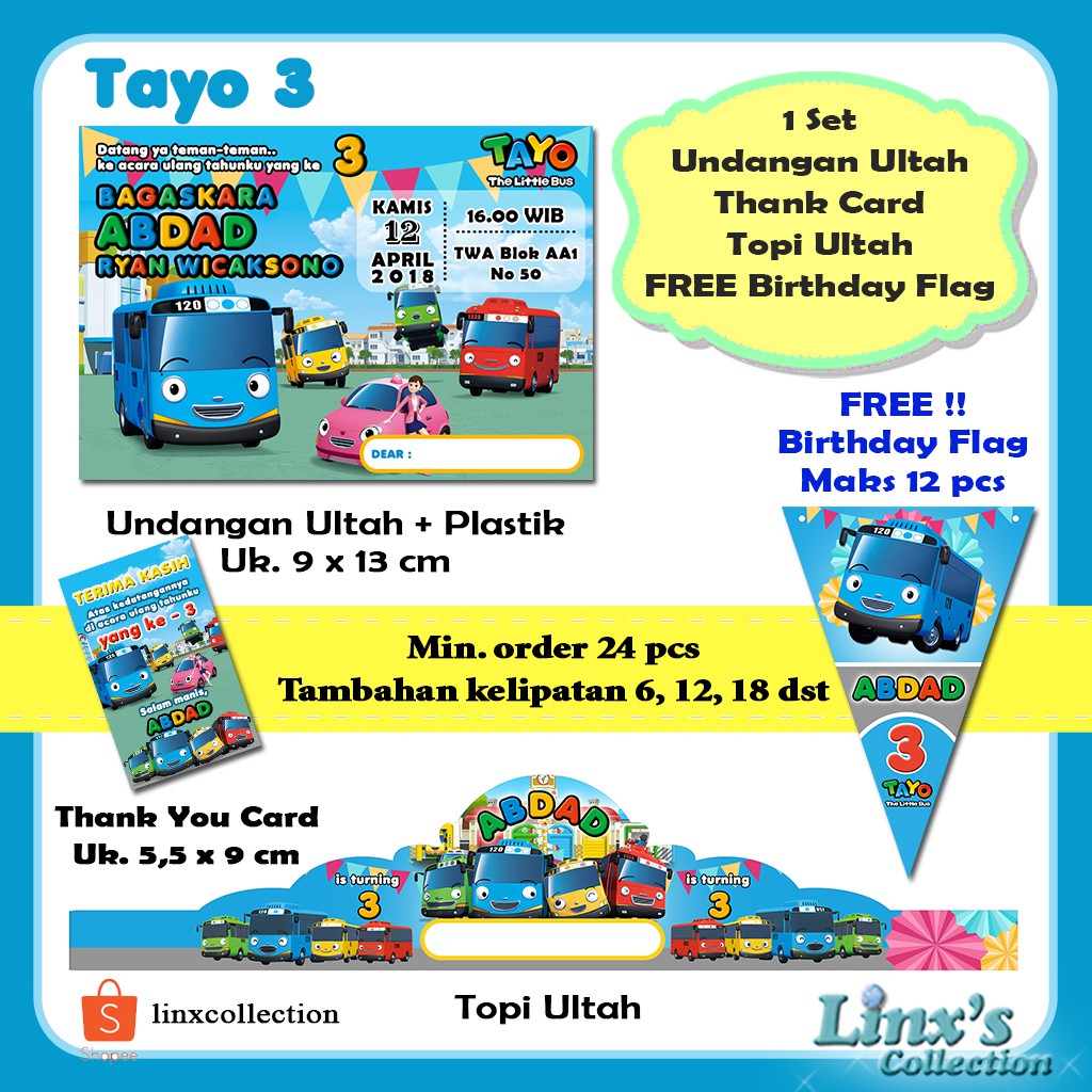 1 Set Undangan Ultah Anakkartu Souvenirtopi Ulang Tahun Tayo