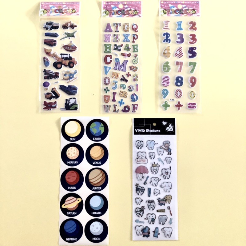 

stiker sticker transportasi, angka, huruf, planet, gigi