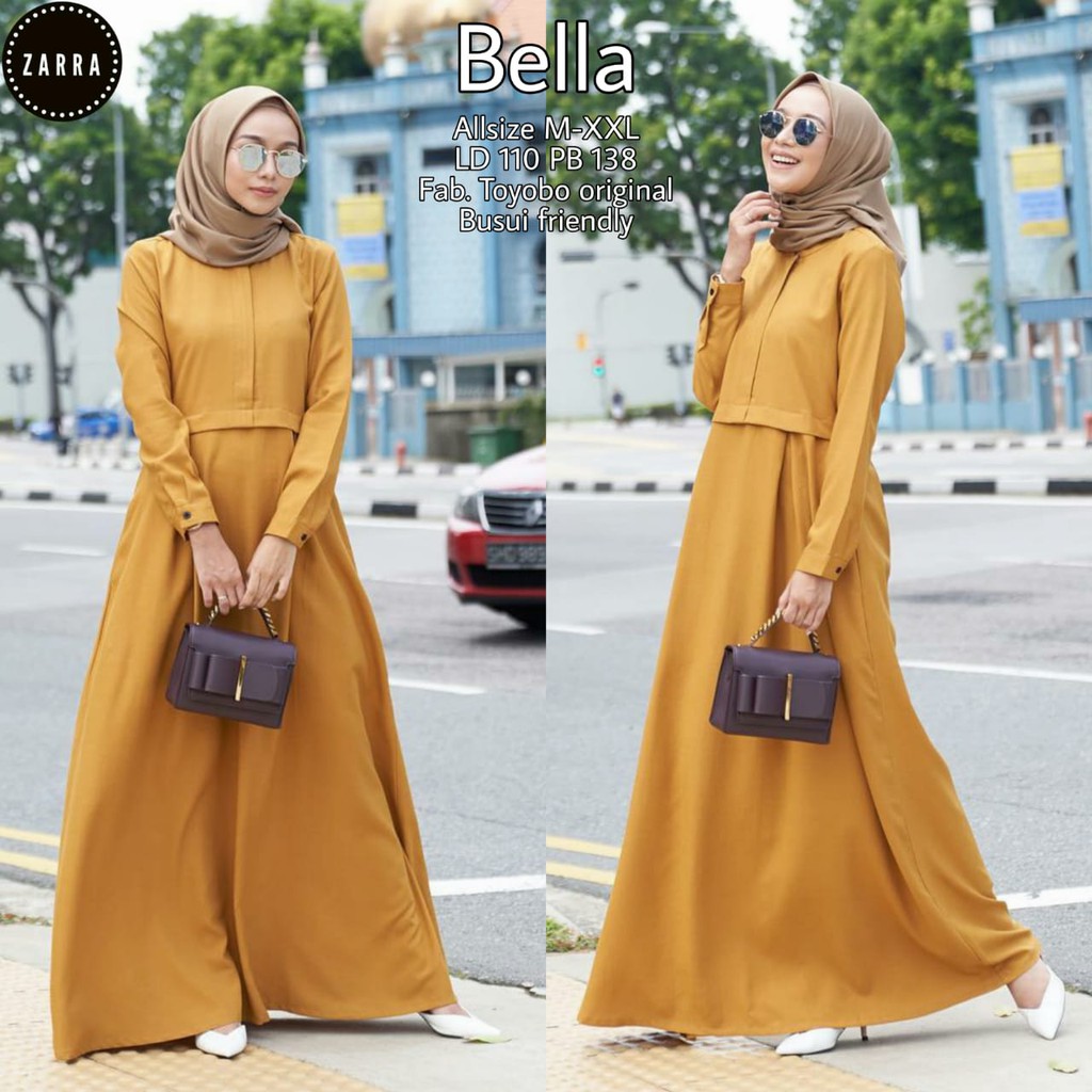 BELLA katun toyobo (LD 110) kancing depan long maxy dress muslim wanita motif polos fashion kekinian