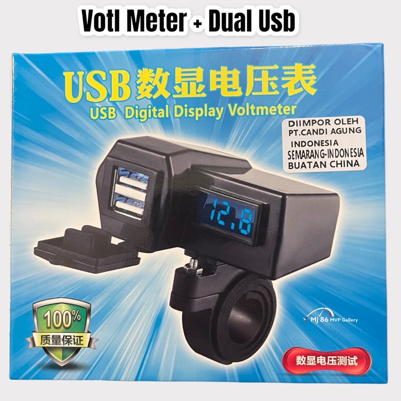 Volt Meter Amper Aki Digital + Dual Port Usb Charger Universal Jepit Distang