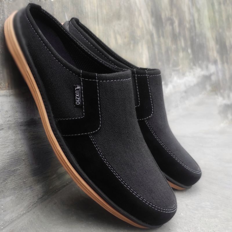 Bustong Pria Kulit Slip On Slop Selop Sepatu Sandal Sintetis Kanvas Sol Karet