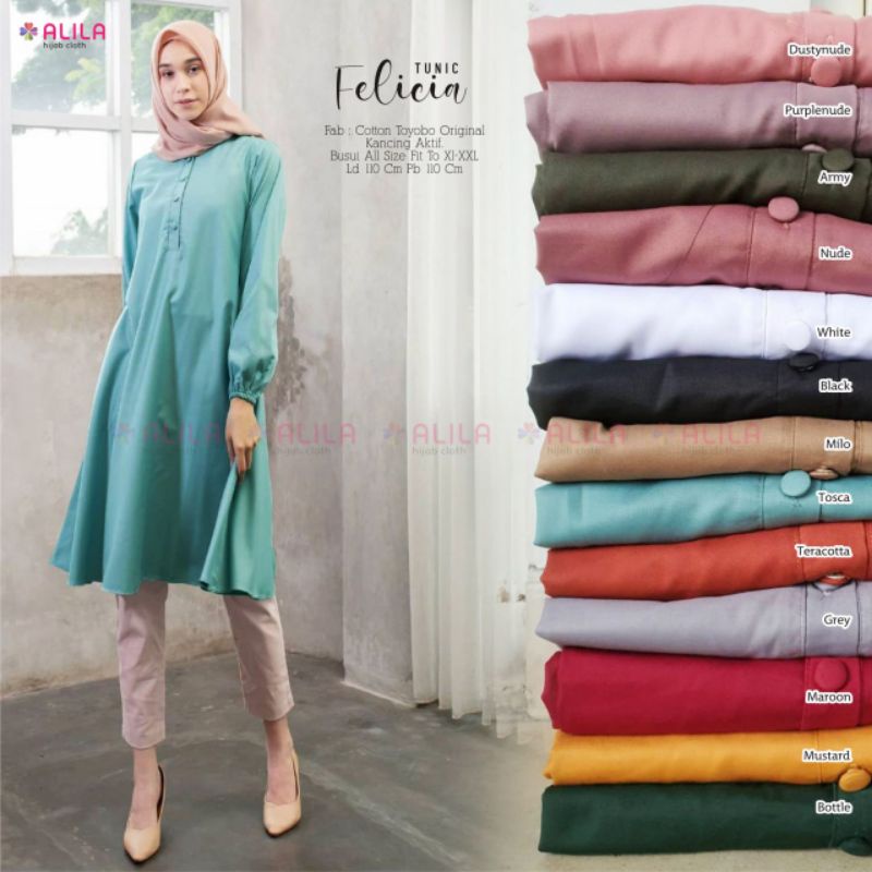 Felicia tunic bahan cotton toyobo original 100% Alila hijab berlabel kancing aktif asli cantik