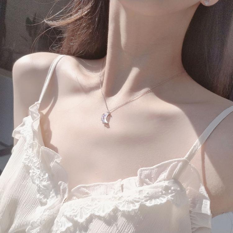 Kalung Rantai Klavikula Pendek Bahan 925 Silver Aksen Kristal Zircon Bentuk Bulan Gaya Korea Untuk Wanita