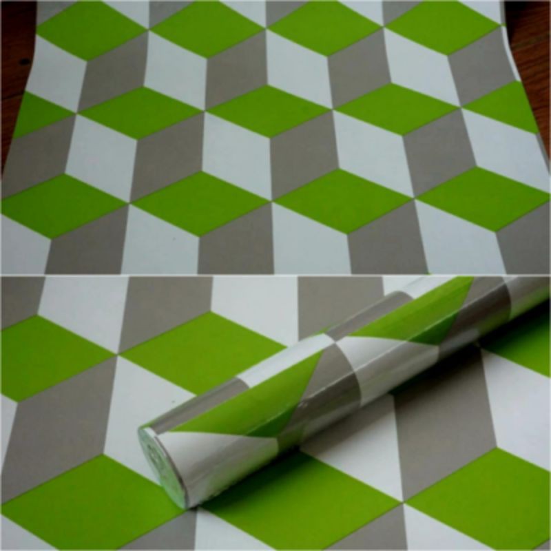 wallpaper sticker dinding motif kotak tridi warna hijau