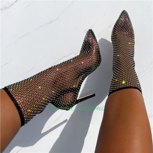 ▩Fishnet Mesh Crystal Sandals Boots Diamante Pointed Toe Stiletto High Heel Elastic Band Solid Color