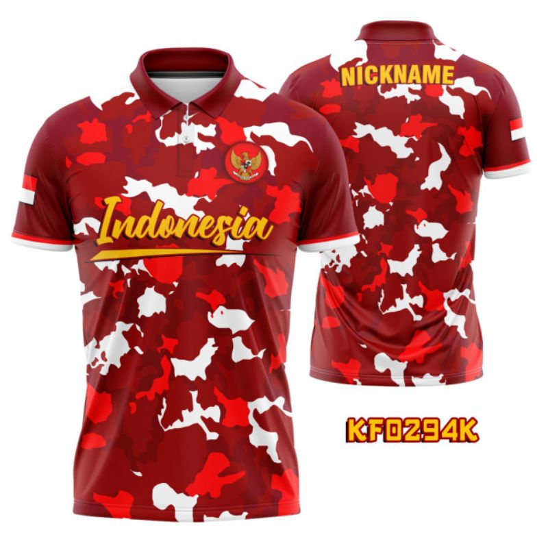 Kaos Jersey sepakbola futsal timnas INDONESIA fantasy loreng merah kerah kancing custom free nicknam