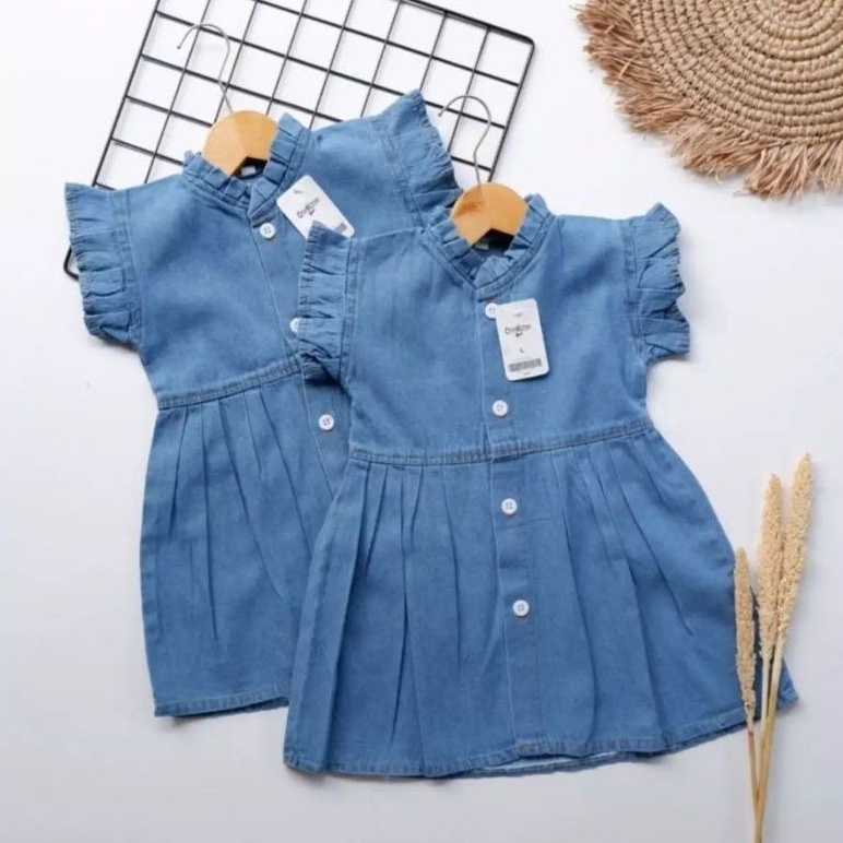 Dres jeans anak perempuan lengan Ruffle , Dress cewek tanpa lengan