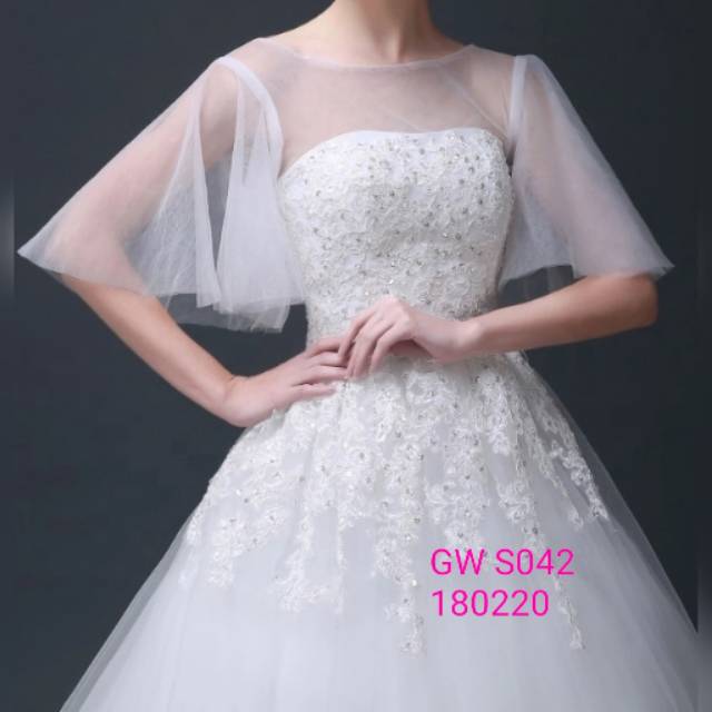Gaun Wedding Pengantin Batwing Lengan Gereja Pernikahan Gaun Appliques Ilusi Bahu