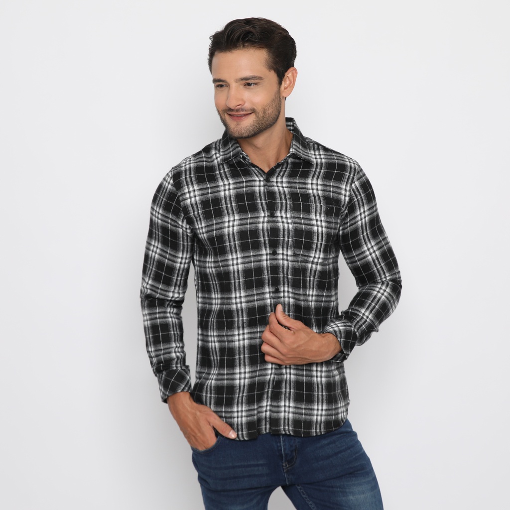 Platini Kemeja Pria Flanel Panjang Hitam 76302
