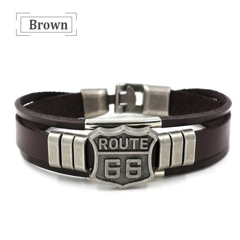 Logam Paduan dan Kulit ROUTE 66 Gelang Multi Layer Dicetak