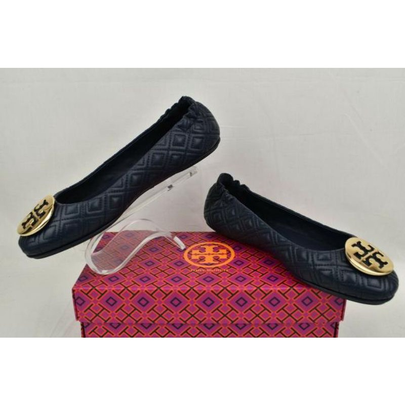 Tory Burch Minnie Quilted Black Nappa Leather Gold Ballet Flats