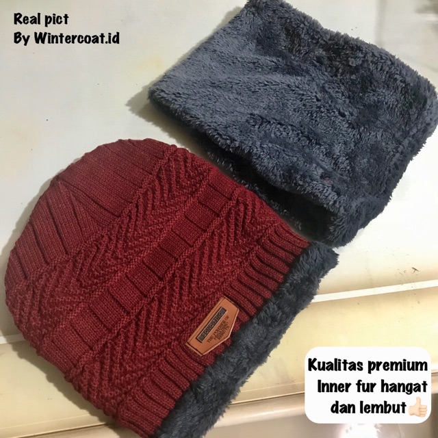 Beanie Hat + Neck warmer 1 set topi kupluk dan penghangat leher winter topi musim dingin hangat pria