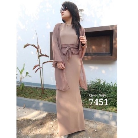 7451 Gamis Longdress Scuba Titanium Free Cardigan Obi Bisa Dilepas Ceruty Gaun Muslim Terompet 700g