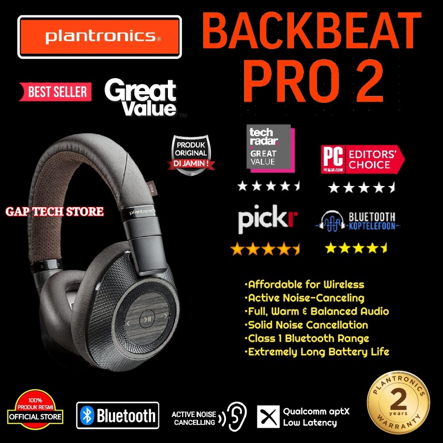 Plantronics BackBeat Pro 2 - Headphone Nirkabel dengan Batal Suara Aktif, Hitam dan Putih
