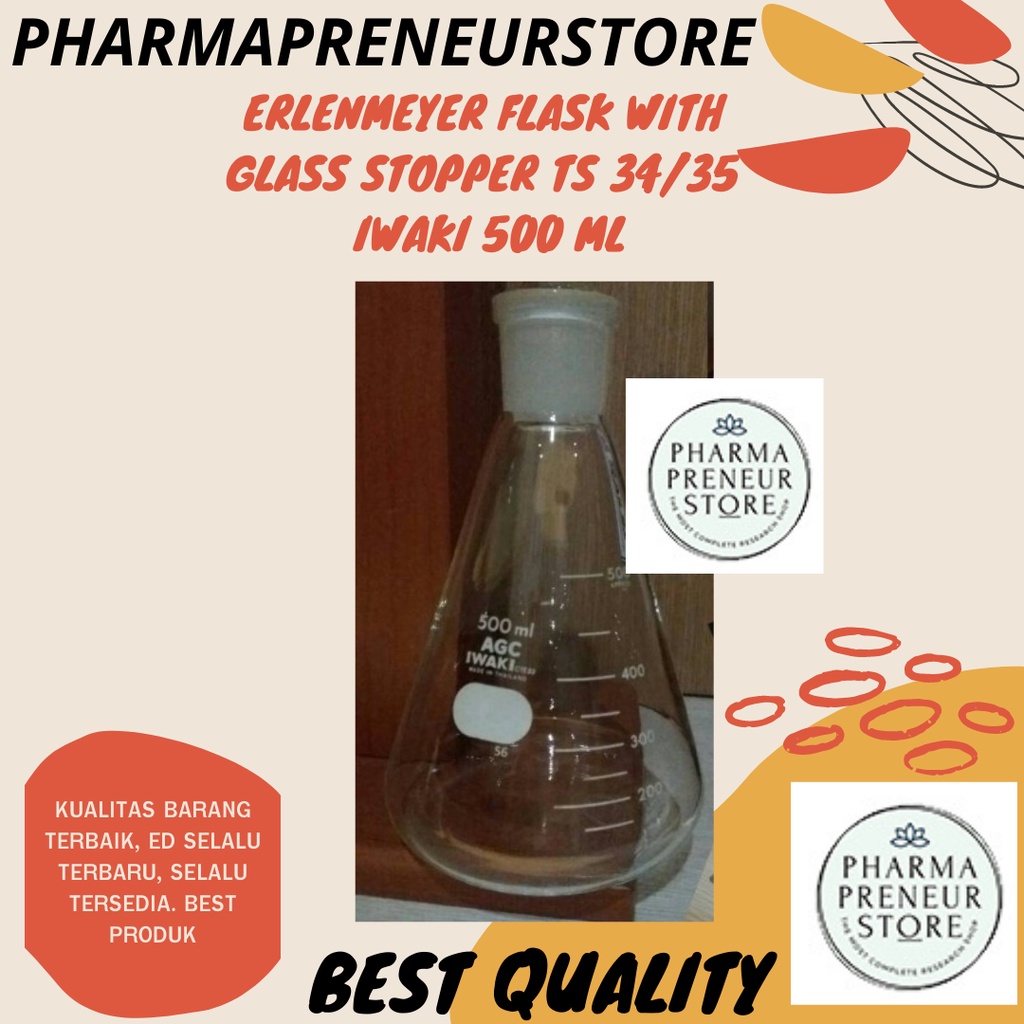 ERLENMEYER FLASK WITH GLASS STOPPER IWAKI 500 ML TS 34/35 5021FK500-34 BEST PRODUCT BEST QUALITY