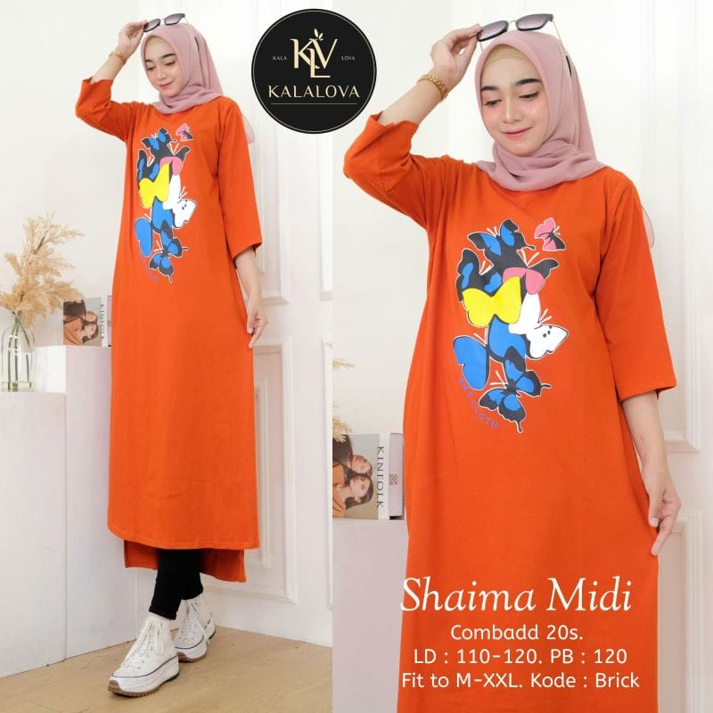 Shaima Midi Dress Muslim Long Dress Jumbo Baju Kaos Wanita Korean Style Ootd Kekinian Matt Combed Aplikasi Sablon