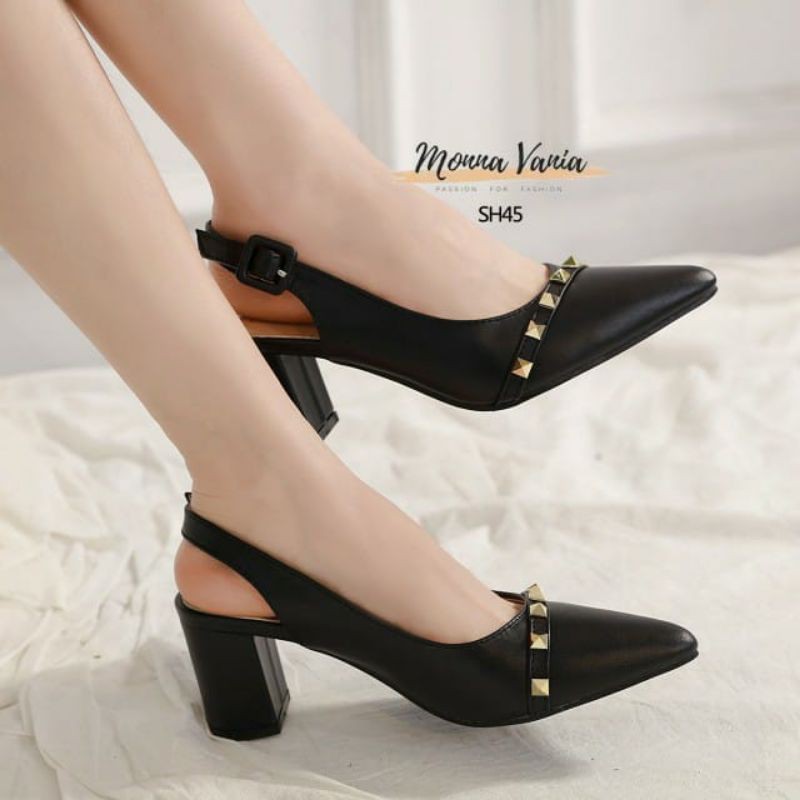 Monna Vania Fellini Heels #SH45 Leather Slingback Heels Mules Sepatu Kantor Wanita Import Batam