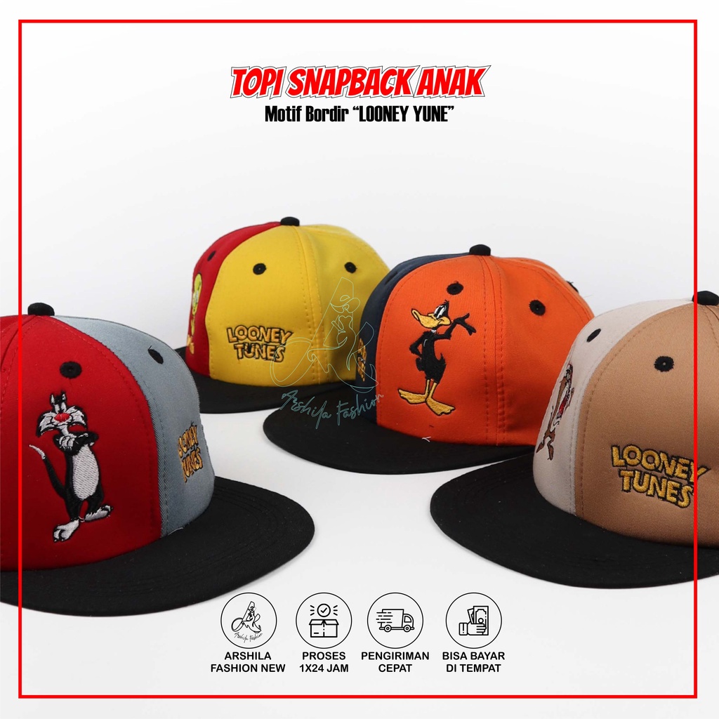 Topi Snapback Anak Bordir Karakter LNY UNISEX Umur 3-10 Tahun