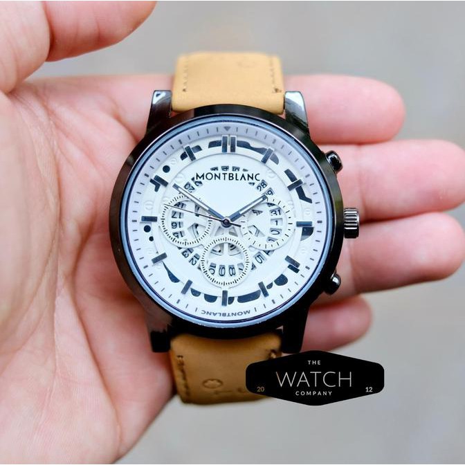 Jam Tangan Pria Cowok Montblanc Chrono Off Leather Strap Light Brown