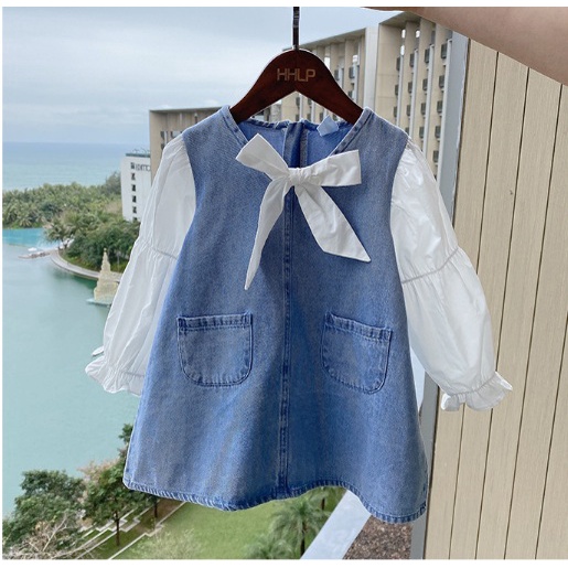 DRESS ANAK CEWEK BAHAN DENIM PITA SILANG TERUSAN JEANS PITA PUTIH