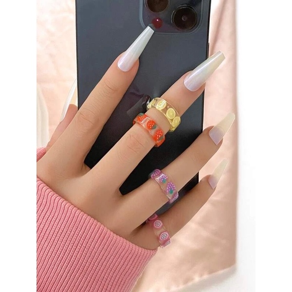 Cincin akrilik korea wanita aesthetic vintage resin anti karat motif lucu makanan jajan lollipop food buah buahan fruit fruits barbie berbi barbi love hati