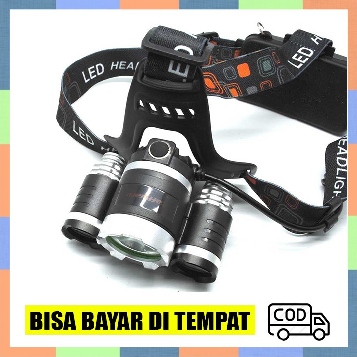 (COD) Power Headlamp 3 LED 5000 Lumens Cree XM-L - Senter Kepala - Senter Mendaki Outdoor