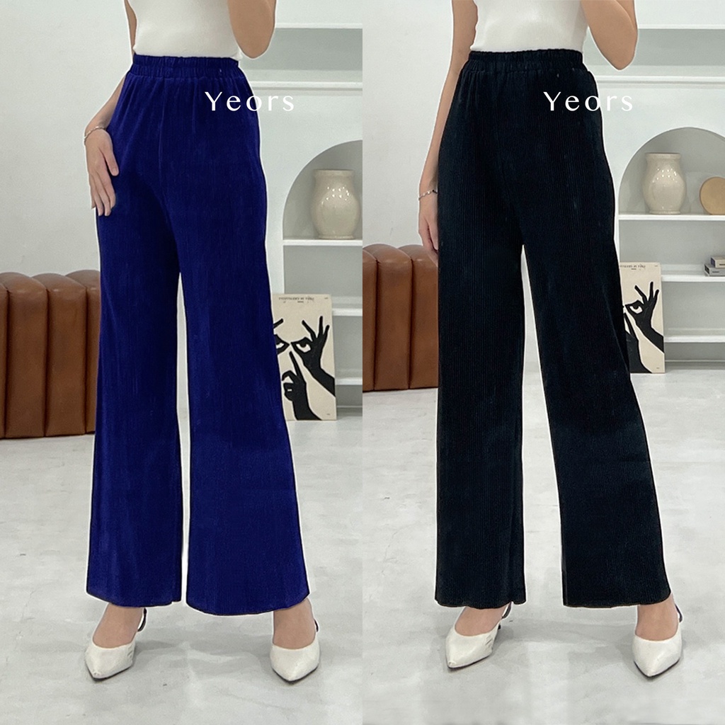 Yeors - Celana Murah Berkualitas Kulot Plisket Lidi Premium - Long Cullote Adelle Pants - Korean Loose Pants Trousers Wanita - Loungewear - Celana Jumbo Perempuan Murah Berkualitas Muat Sampai 90 kg