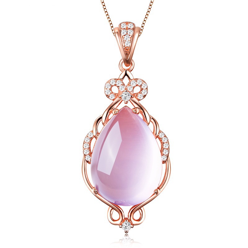 [Ready Stock]Fashion Silver Plated Necklace Inlaid with Rose Quartz Pendant