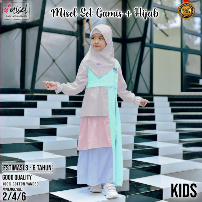 GAMIS ANAK PEREMPUAN + HIJAB  MEREK MISEL  3-9 TAHUN