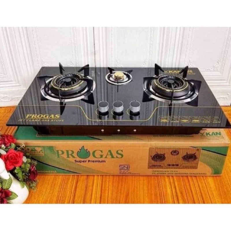 Kompor Gas Progas Tanam 3 Tungku Bahan Kaca Mewah