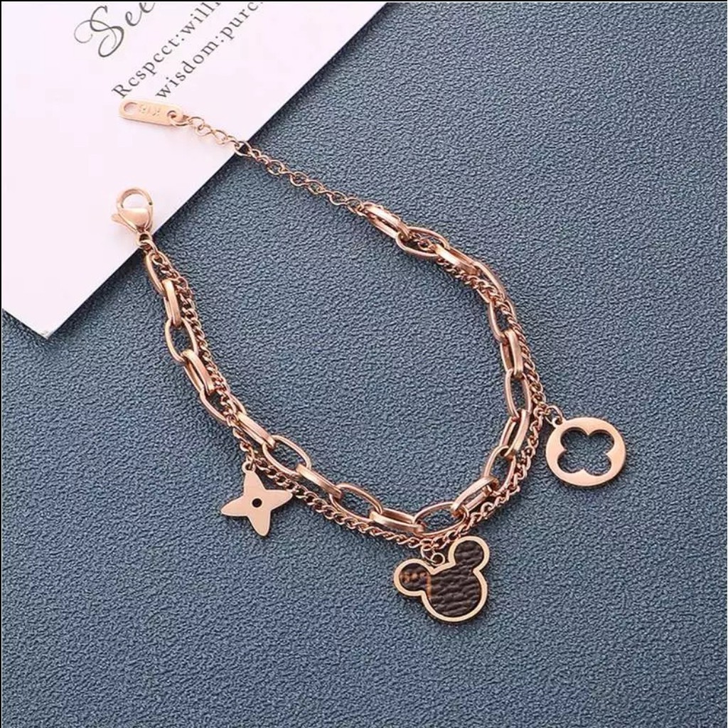 Gelang Titanium Rantai 2 Leyer Mickey L* Kulit Sintetis Warna Rose Gold, Gold dan Silver