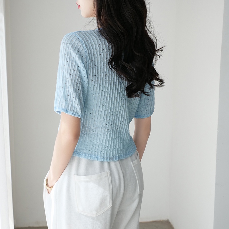 【Elegant】Soft Knitted Solid Faux Pearl Decor V-Neck  T-Shirt  7378