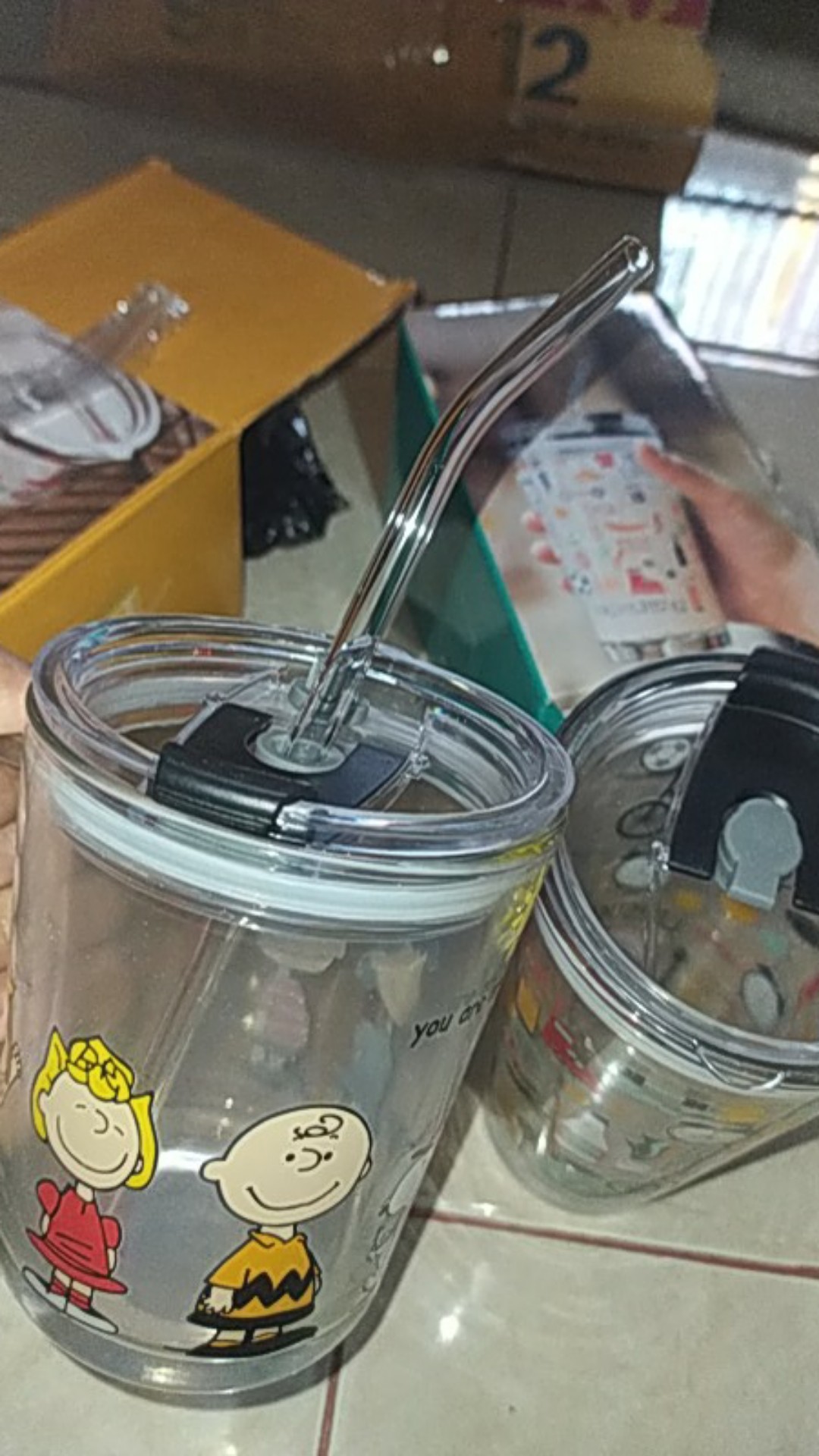 Mug Kaca + Sedotan+ Pegangan/glass Handle + Straw Gelas Kaca Motif Karakter/gelas Karakter 350ml