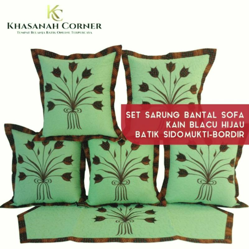 Set Sarung Bantal Sofa Kursi Taplak Meja Full Batik Blacu Katun Warna Hijau Tua Muda Daun Kombinasi 