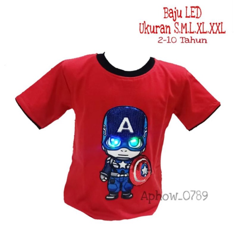 baju anak karakter LED kerah list / kaos anak karakter bisa nyala usia 2-10tahun