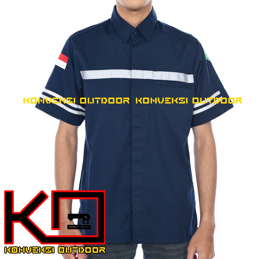 KEMEJA WEARPACK BAJU SAFETY K3 OUTDOOR INDOOR - Seragam Kemeja Kerja Lapangan Lengan Pendek Proyek Bangunan Tambang Alat Berat PLN Enginer Instalasi Mesin werpek sefti Scotlit Warna Navy Konveksi Outdoor