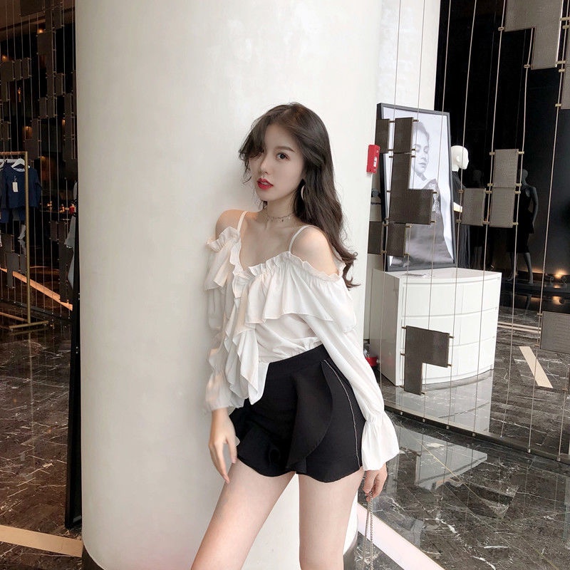 Shifon blus fairy chiffon V-neck sling blus kemeja lengan longgar mengacak-acak