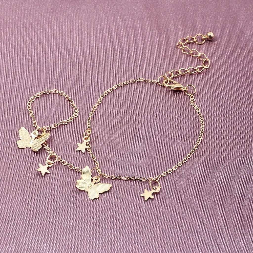 Gelang Rantai Cincin Desain Kupu-Kupu Aksen Mutiara Gaya Hip Hop