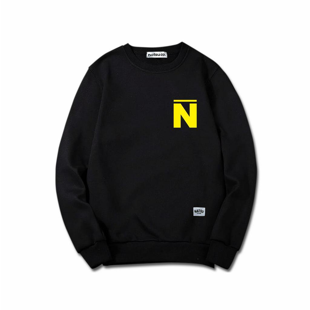 Natsu Co, Sweater Crewneck Pria Simple Logo N Kuning Depan Belakang